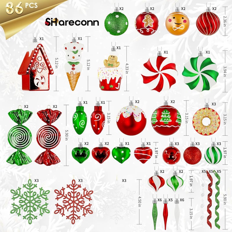 SHareconn 86pcs Christmas Tree Balls Ornaments, Shatterproof Plastic Decorative Baubles for Christmas Tree Decorations, Holiday Wedding Party Decoration, Festive Ornaments, Red Green White - Image 3